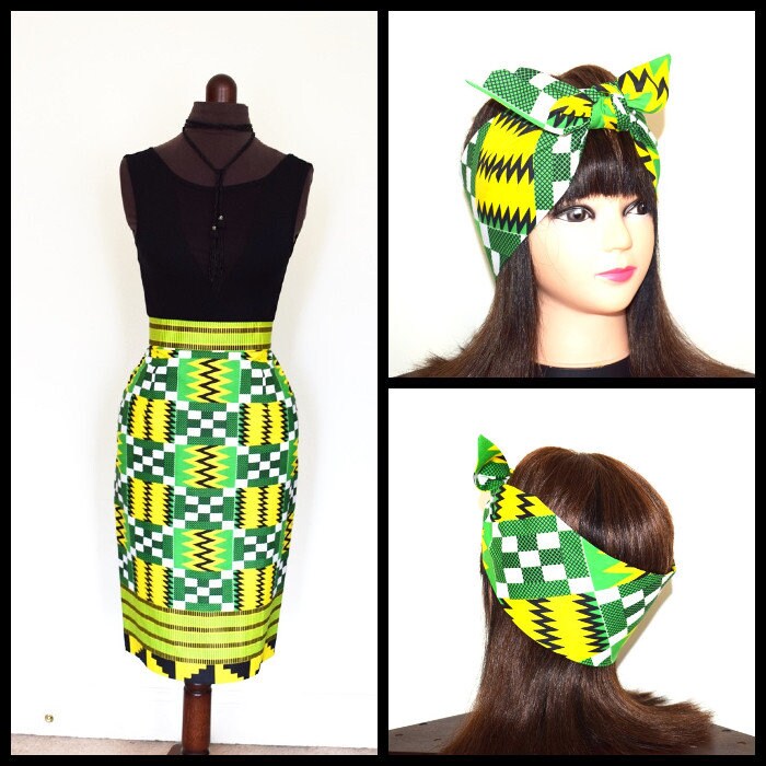 Image of Green & White Kente Print Pencil Skirt Head Band, Ankara Skirt, African Wax Short – One Of A Kind