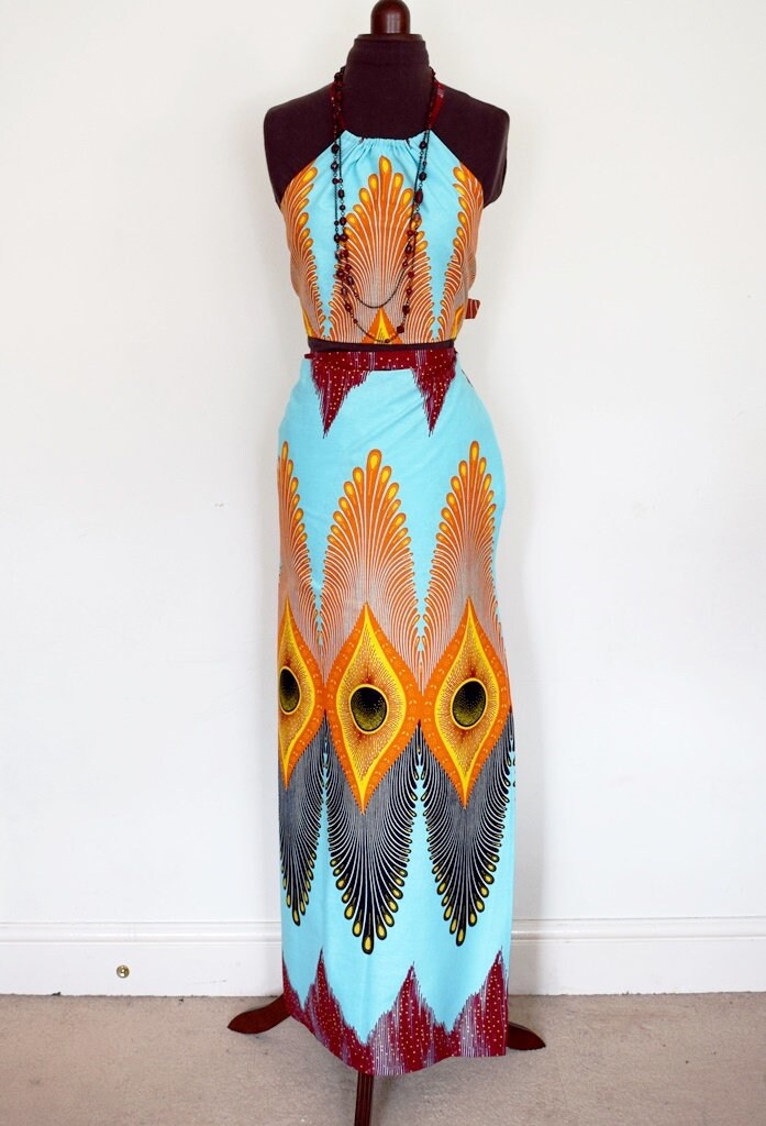 Image of Orange Feathers Wrappa & Deluxe Halter Top, Ankara Lapa/Wrappa, African Wax Women's Crop Long Wrap Skirt - Made To Order