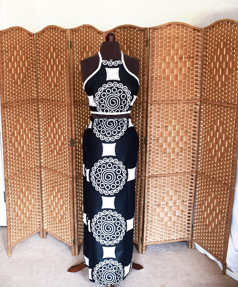 Image of Black & White Filigree Wrappa Halter Top, Ankara Lapa/Wrappa, African Wax Long Wrap Skirt - Made To Order