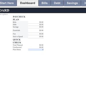 May include: A digital financial spreadsheet interface titled Paycheck Dashboard with navigation tabs for Complete Upgrade, Start Here, Dashboard, Bills, Debt, Savings, and 30-Day Challenge. It displays columns for Paycheck Plan and Quick Check.