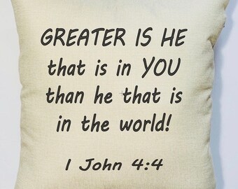 Greater is HE Scripture Pillow Cover Inspiration Cover, Black and Beige Pillow Cover, Home Decor, Bible