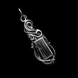 Drahtgewickelter Silberanhänger mit schwarzem Turmalinkristall, Shorl-Halskette, schwarzer Kristall-Edelstein, Hexen-Magie, Fantasy-Schmuck, Jugendstil