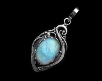 Wire wrapped silver pendant with Moonstone, Elf necklace, Art nouveau jewelry, Fantasy, Elven, Medieval, cosplay necklace, bridal pendant