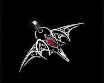 Wire wrapped silver pendant Bat with red garnet rhodolite, Gothic Vampire necklace Fantasy Halloween pendant, vampire's jewelry, Wire wrap