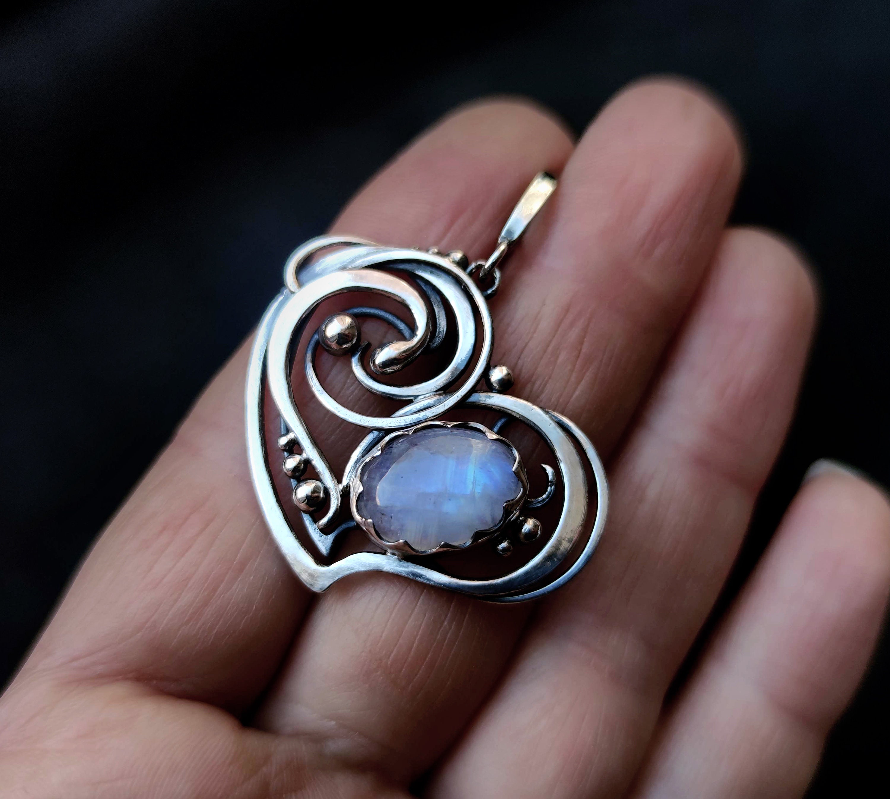 Wire Wrapped Silver Moonstone Heart Pendant, Art Deco