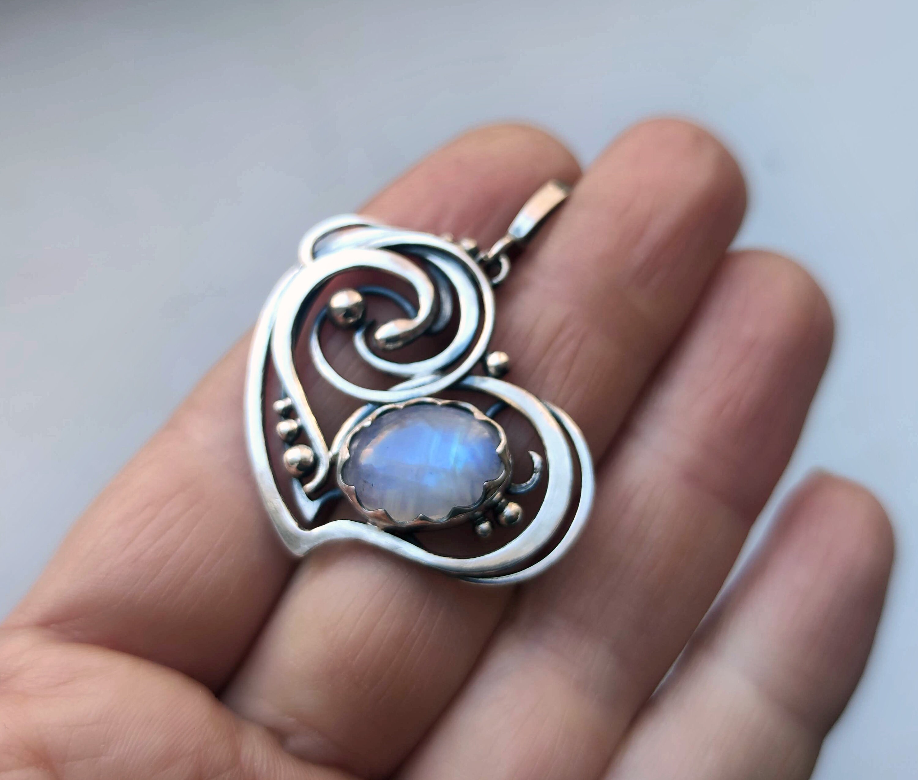 Wire Wrapped Silver Moonstone Heart Pendant, Art Deco