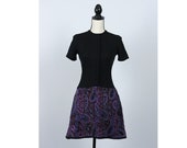 Vintage 1970s 1980s Black Purple Paisley Button Stretch Dress XS S