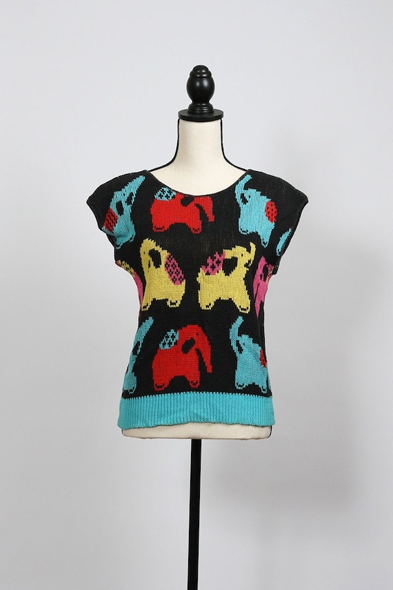 Vintage 80s Elephant Novelty Cap Sleeve Knit Top … - image 1