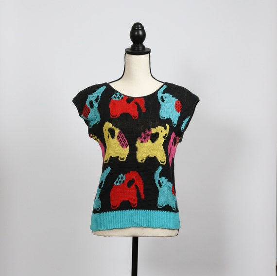 Vintage 80s Elephant Novelty Cap Sleeve Knit Top … - image 2