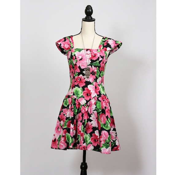 Vintage 80s Summer Floral Sun Dress Sleeveless S - image 1