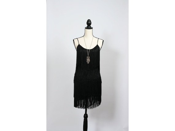 Vintage 80s Black Flapper Fringe Dress Mini XS S - image 1