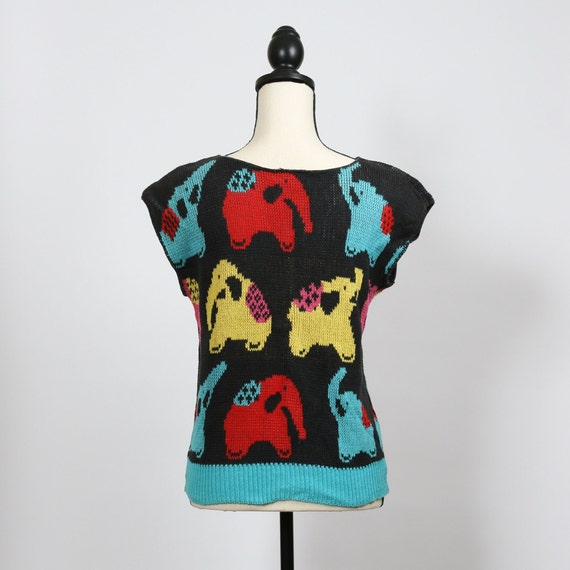 Vintage 80s Elephant Novelty Cap Sleeve Knit Top … - image 3