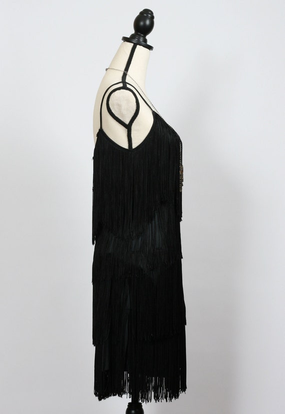 Vintage 80s Black Flapper Fringe Dress Mini XS S - image 4