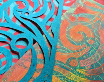 Currents and Bubbles Stencil: Mixed Media Art, Gel Printing