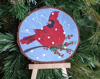 Hand-Painted Cardinal Ornament: Acrylic Art on Natural Wood Slice