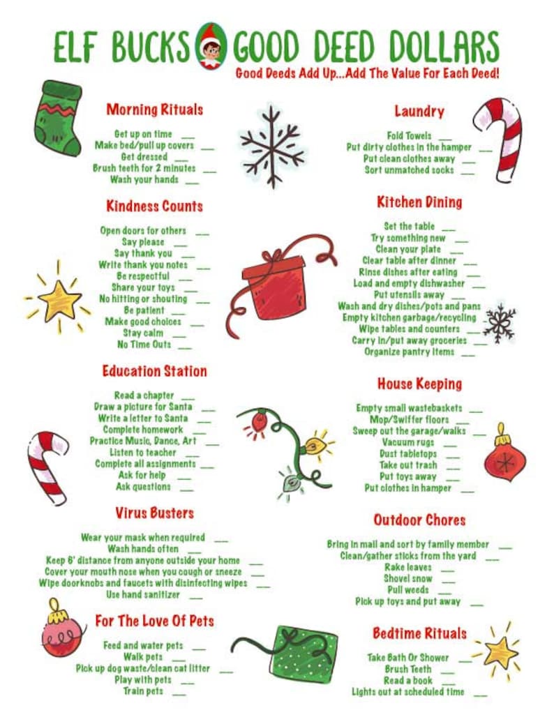 Christmas Elf Chore List Download Children can earn Elf Bucks | Etsy