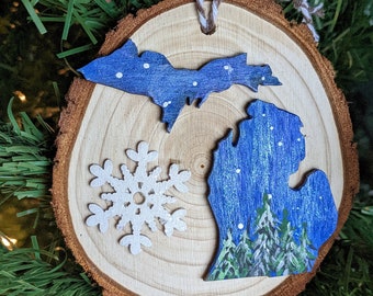 Hand Painted Michigan Northern Lights Wood Ornament Original with Sparkling Snowflake