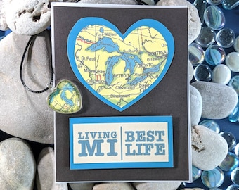 Michigan Card Featuring Great Lakes Map Heart Pendant For Lake Lovers From The Mitten State. MI Endless Love