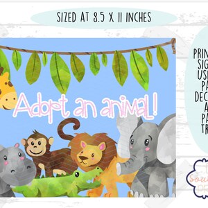 Puede incluir: Señal imprimible con una ilustración de acuarela de varios animales, incluyendo una jirafa, un mono, un león, un elefante y un caimán. La señal dice "Adopta un animal!" y tiene un tamaño de 8,5 x 11 pulgadas.