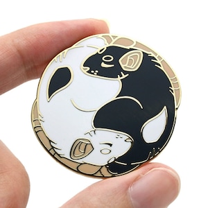 Yin Yang Rat Pin || Rats Hard Enamel Cute Yinyang Circle Zen Tao Gold Black White Love Pet Animal Sleeping Cuddly Balance Zodiac Accessory