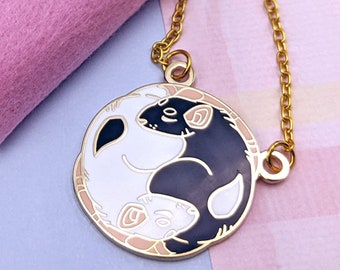 Yin Yang Rat Necklace || Rats Hard Enamel Cute Yinyang Circle Zen Tao Gold Black White Love Pet Sleeping Animal Jewelry Balance Zodiac