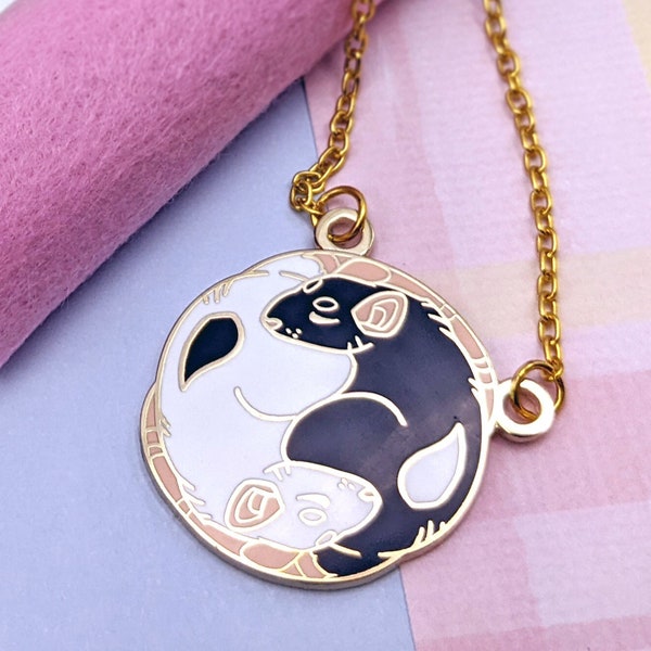 Yin Yang Rat Necklace || Rats Hard Enamel Cute Yinyang Circle Zen Tao Gold Black White Love Pet Sleeping Animal Jewelry Balance Zodiac