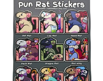 Pun Rats Sticker Sheet || 9 Stickers Vinyl Rat Joke Funny Animal Mice Mouse Decorative Lab Pirate King Fancy Gym Plague Hood Set Rodent Cute
