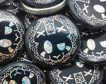 KiRAWRa Logo Buttons || 1.25 inch Black White Glitter Rainbow Sparkle Sparkly Holo Holofoil Cat Face Brand Catriona Accessory Small Design