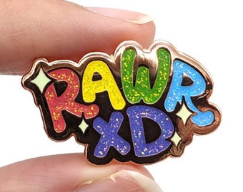 RAWR xD Pin || Hard Enamel Rainbow Sparkledog Scene 2000s Chatspeak Cringe Glitter Sparkle Rose Gold Lapel Accessory Jewelry