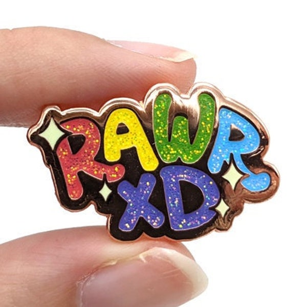 RAWR xD Pin || Hard Enamel Rainbow Sparkledog Scene 2000s Chatspeak Cringe Glitter Sparkle Rose Gold Lapel Accessory Jewelry