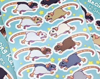 Prancing Rats Sticker Sheet || 12 Stickers Adhesive Vinyl Rat Cute Animal Mice Mouse Set Decorative Stationary Scrapbook Pet Rodent Colors