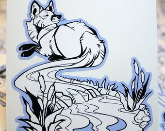 Foxtail River Sticker || 3 inch Vinyl Fox Tail Nature Animal Peace Peaceful Zen Relax Calm Spiritual Lineart Black and White Water Flow