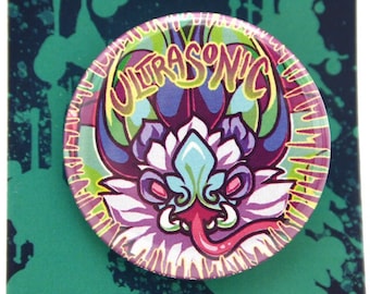 Ultrasonic Bat Pinback Button || 1.5 inch Cool Cute Animal Accessory Art Colorful Unique Neon Green Purple Halloween Spooky Chiroptera