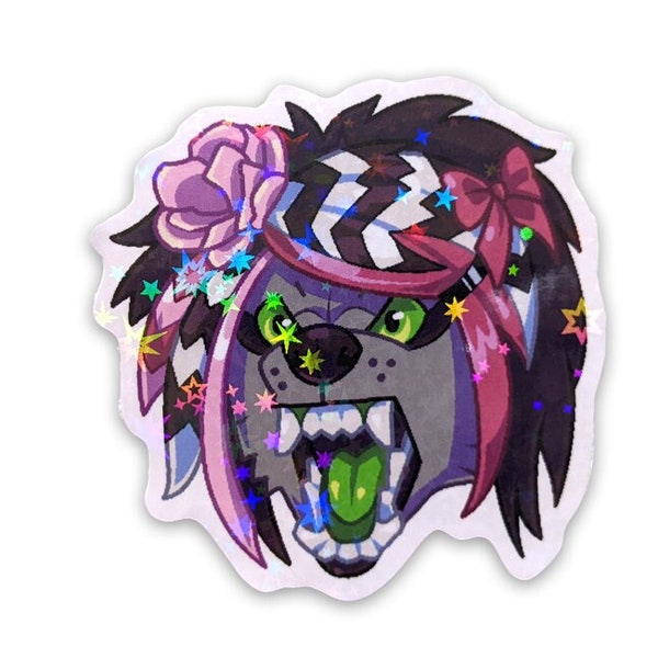 Pegatina Holofoil Scenewolf // Vinilo holográfico de 2,25 pulgadas Lobo Loco Meme Scenedog Estrella Brillante Animal Peludo Colorido Resistente al Agua