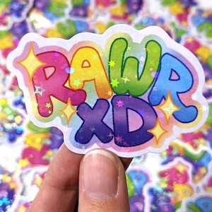 Holofoil RAWR xD Sticker || 2.25 inch Vinyl Holographic Rainbow Scene 2000s Chatspeak Cringe Furry Animal Colorful Waterproof Sparkly