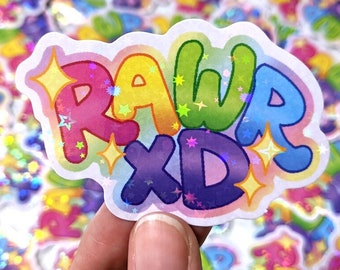 Holofoil RAWR xD Sticker || 2.25 inch Vinyl Holographic Rainbow Scene 2000s Chatspeak Cringe Furry Animal Colorful Waterproof Sparkly