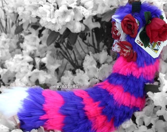 Cheshire Yarn Tail Set || Faux Fur Costume Cosplay Furry Alice Wonderland Cat Feline Partial Animal Rose Purple Pink Stripe Fluffy Fairytale