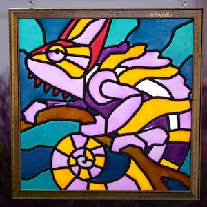 Chameleon Faux Stained Glass Original OOAK Handmade Animal Window Home Accent Decor Exotic Reptile Lizard Purple Colorful image 1