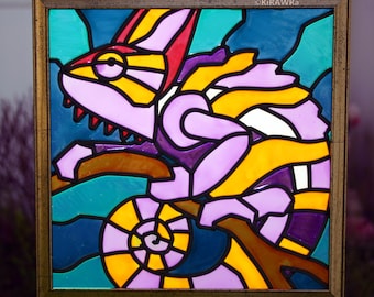 Chameleon Faux Stained Glass || Original OOAK Handmade Animal Window Home Accent Decor Exotic Reptile Lizard Purple Colorful