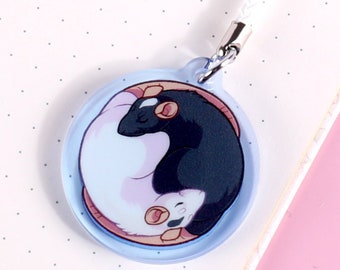 Yin Yang Rat Acrylic Charm || Rats Cute Yinyang Circle Zen Tao Black White Love Pet Animal Sleeping Cuddly Balance Chinese Zodiac Accessory