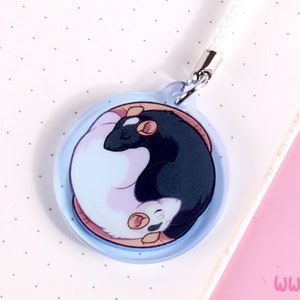 Yin Yang Rat Acrylic Charm Rats Cute Yinyang Circle Zen Tao Black White Love Pet Animal Sleeping Cuddly Balance Chinese Zodiac Accessory image 1