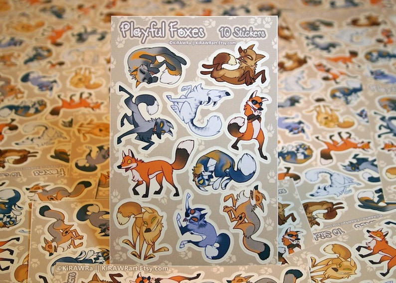 Playful Foxes Sticker Sheet 10 Stickers Vinyl Fox Cute Happy Dancing Silly Fun Funny Colorful Animals Decorative Scrapbook Crafts Vulpes image 1