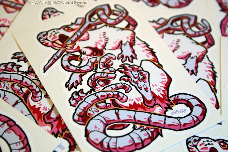 Stitched Rat Sticker 3.5 inch Vinyl Labrat Needle White Red Albino Stitches Vivisection Wound Halloween Bodyhorror Horror Gore Rodent image 1