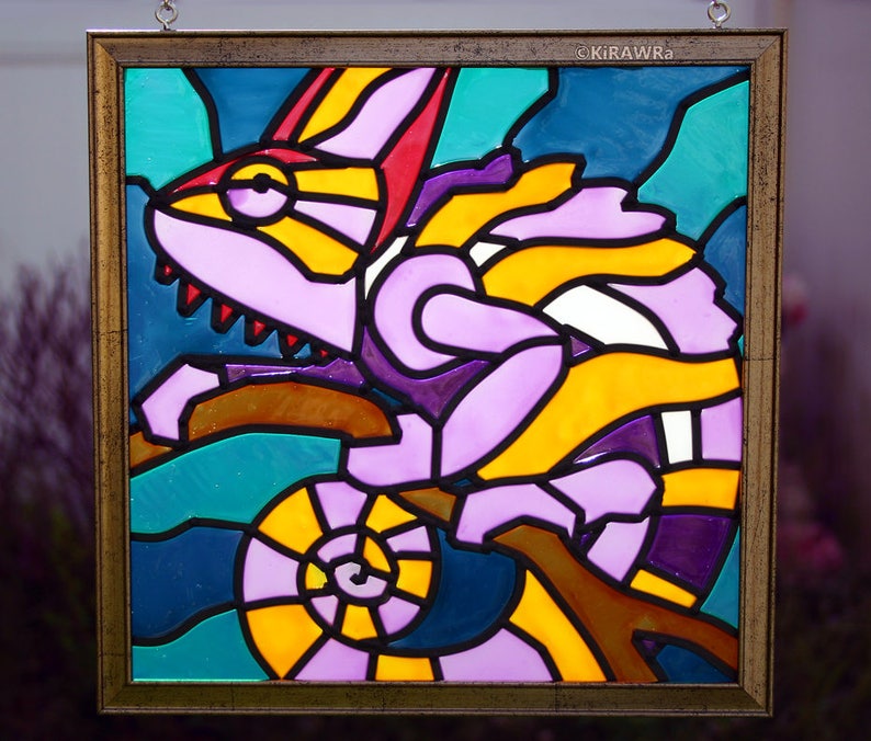 Chameleon Faux Stained Glass Original OOAK Handmade Animal Window Home Accent Decor Exotic Reptile Lizard Purple Colorful image 1