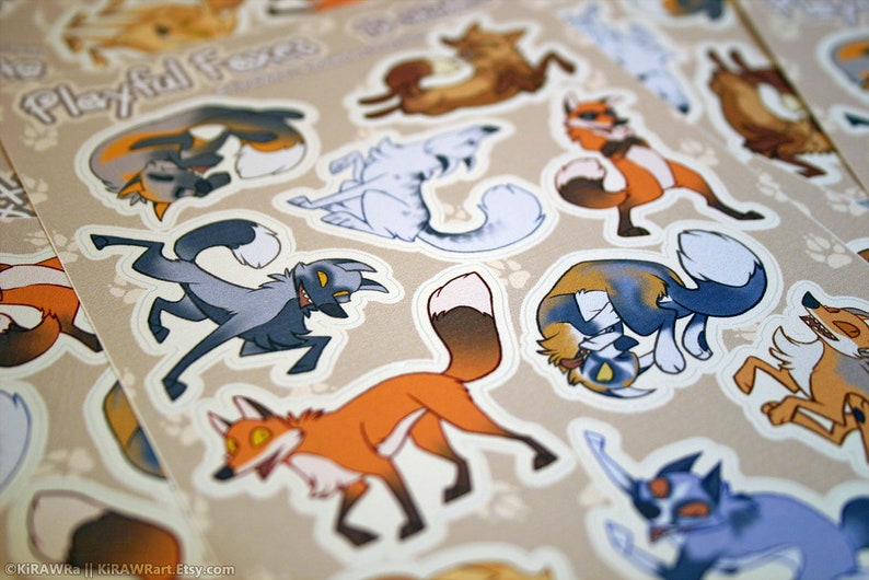 Playful Foxes Sticker Sheet 10 Stickers Vinyl Fox Cute Happy Dancing Silly Fun Funny Colorful Animals Decorative Scrapbook Crafts Vulpes image 2