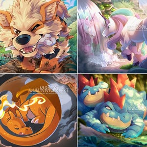 ポケアートプリント || 光沢のあるレインボーホロフォイル アーカンイン キュボーン ラピッドアッシュ リザードン フェラリガトル A3 ファンアート ポスター