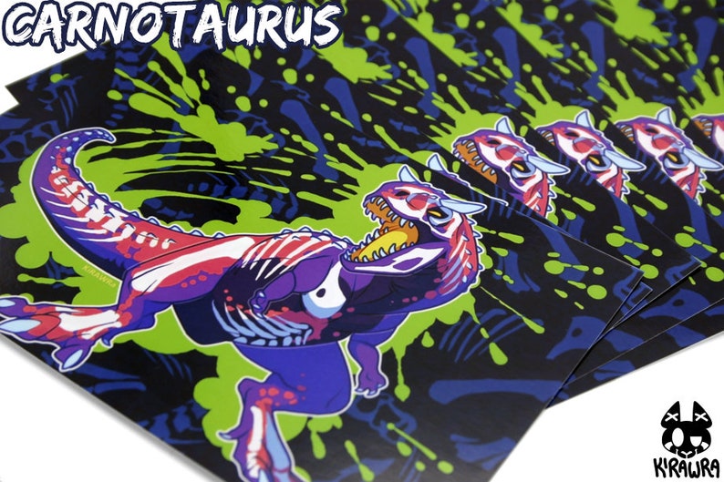 Rad Dinos 4x6 Art Print Glossy Photo Raptor Velociraptor Carnotaurus Spinosaurus T Rex Radioactive Neon Colorful Bones Skeleton Pterosaur Carnotaurus