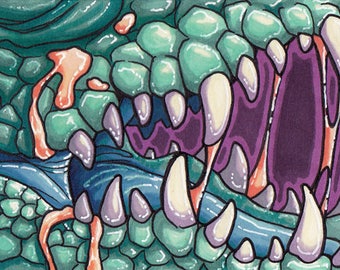 Original ACEO: TEEF Crocodilia || Art Card ATC ooak Collectible Traditional Handmade Marker Alligator Crocodile Teeth Bite Jaws Mouth Maw