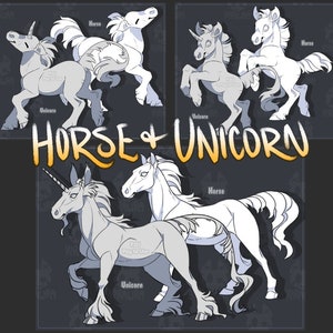 May include: Four line art illustrations of horses and unicorns. The top left image shows a unicorn and a horse standing side by side. The top right image shows a unicorn and a horse standing side by side. The bottom left image shows a unicorn and a horse standing side by side. The bottom right image shows a unicorn and a horse standing side by side. The text "HORSE & UNICORN" is written in large, yellow letters across the middle of the image.
