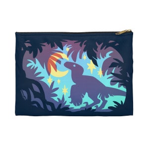 Stargazing Dino (Blue) Zipper Pouch || Choose size Pencil Case Makeup Bag Art Supplies Holder Organizer Raptor Dinosaur Velociraptor Star